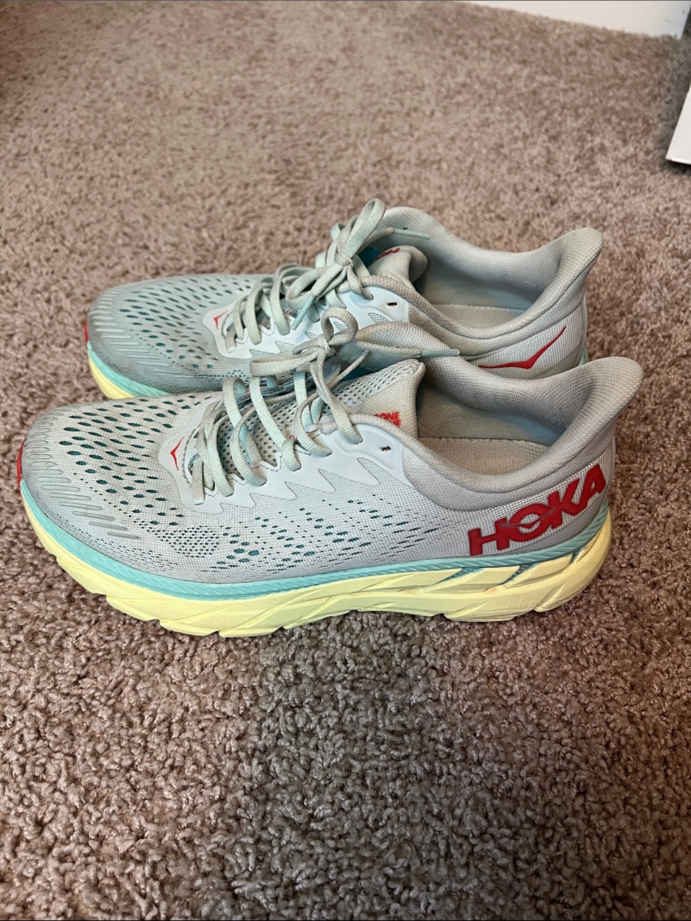 Hoka Clifton 7’s Women's Mint Blue, Yellow and Red